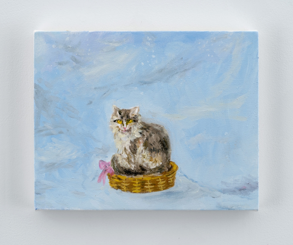 Karen Kilimnik, the cat sitting in its favorite basket out in the blizzard, the Himalaya