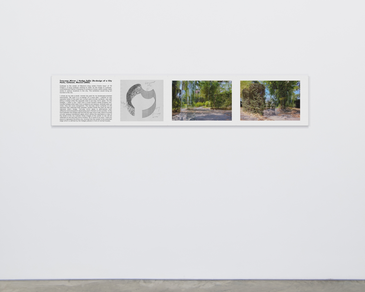 Dan Graham

Two-way Mirror / Hedge Follie (Re-design of a City Park), Culiacan, Mexico

2005-2020

Digital inkjet print

15 1/8 x 77 1/2 inches (38.4 x 196.9 cm)

Variation of 5

DG 115

$10,000

&amp;nbsp;

INQUIRE