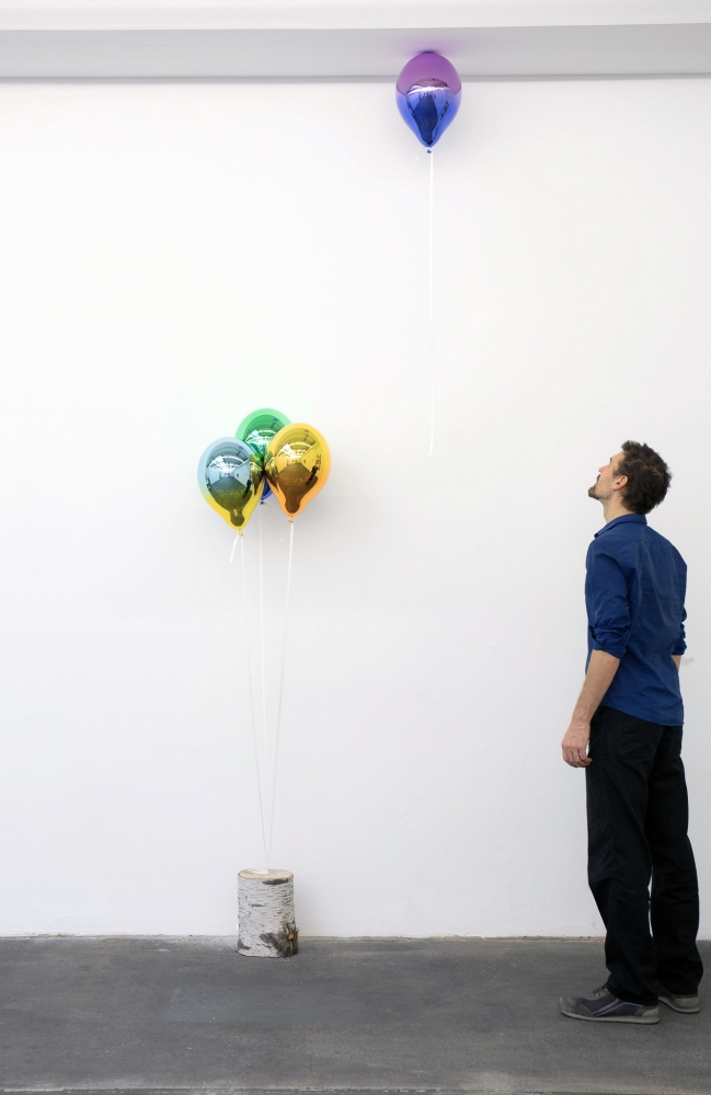 Jeppe Hein

Thoughts&amp;hellip;#05

2019

Glass fiber reinforced plastic, chrome lacquer (light blue

and dark yellow, medium green and medium blue,

medium yellow and light orange, medium purple and

medium blue), magnet, strings (white smoke), birch stem

4 balloons: 15 3/4 x 10 1/4 x 10 1/4 inches (40 x 26 x 26 cm) each

Unique

JH 553

&amp;nbsp;

INQUIRE